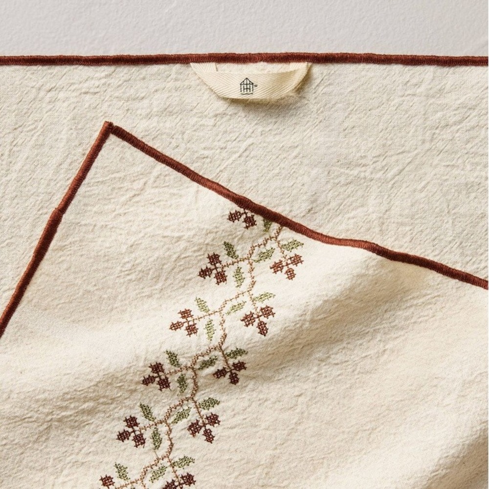 Hearth & Hand Magnolia Flour Sack Kitchen Towel Floral Stitched Fall Icon Leaves